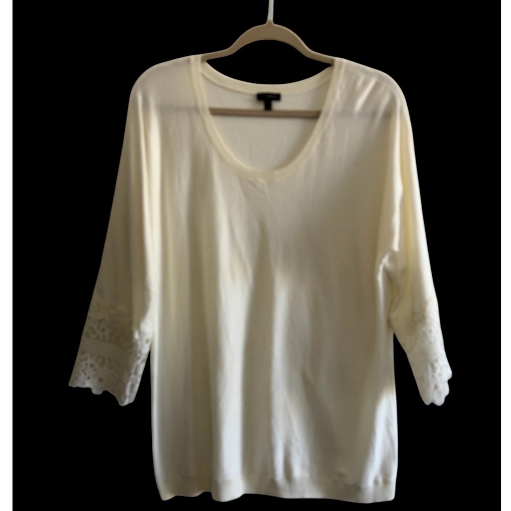 Talbots Cream Knit Top Crochet Lace 3/4 Sleeve Scoop Neck Sweater Large Career